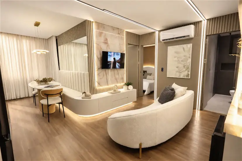 Apartamento decorado da ZR3: estar, jantar e suíte integrados