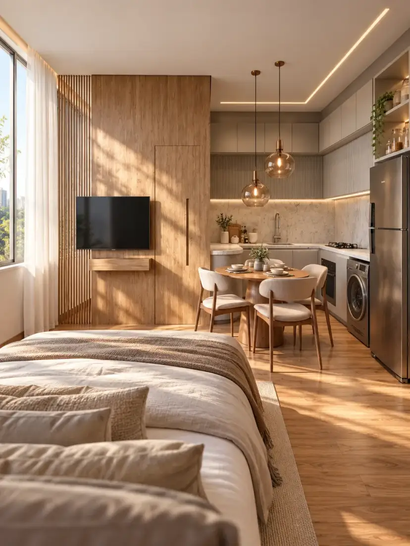 Studio com cama, sala de jantar e cozinha integradas