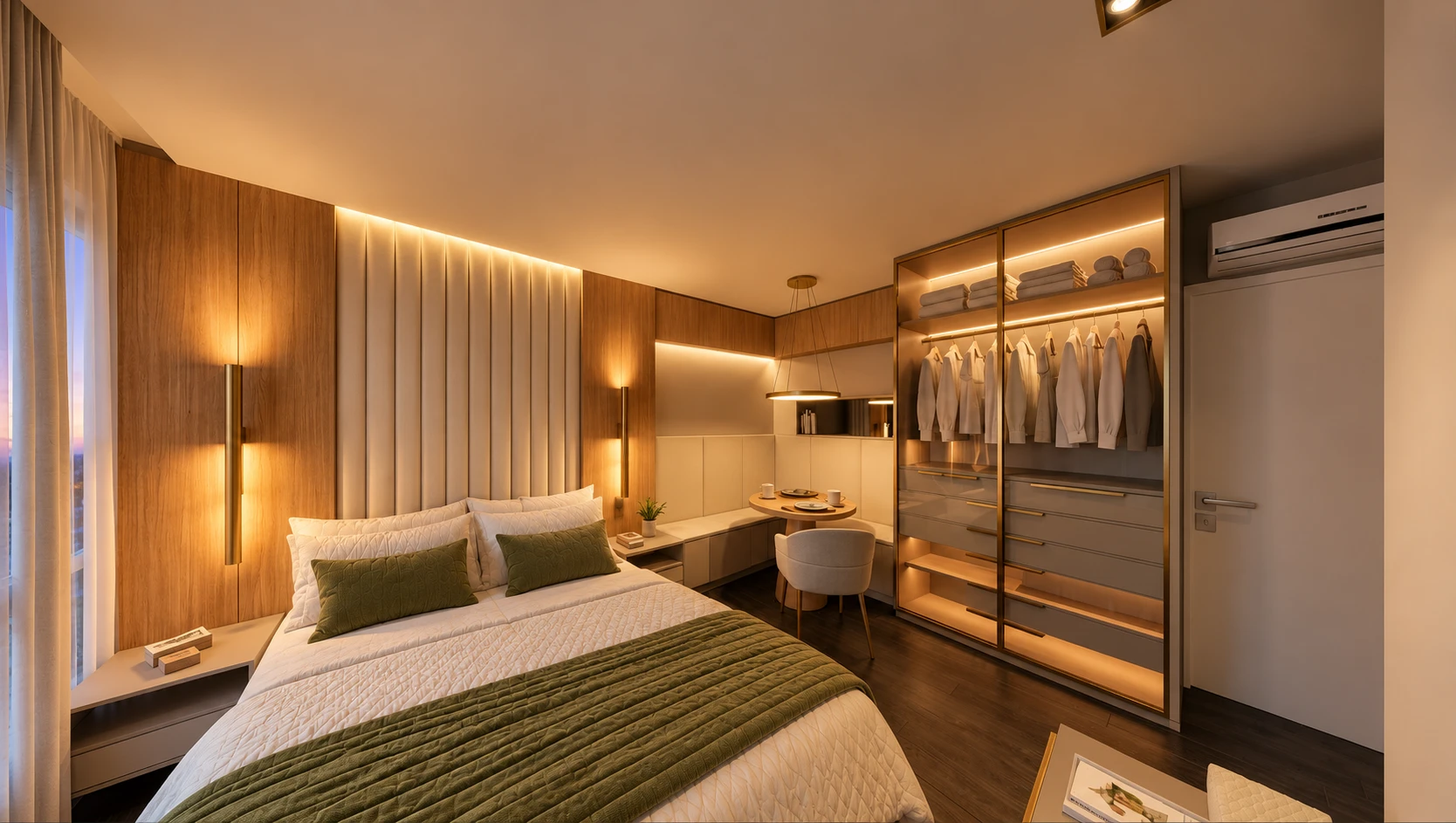 Studio com cama de casal, guarda-roupa iluminado e mesa para duas pessoas